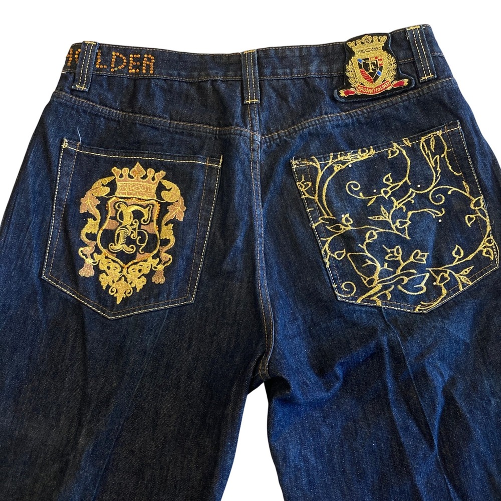 VTG Crown Holder Jeans Men Fit 36x30 Baggy Dark Wash Gold Crest Y2K Wide Leg